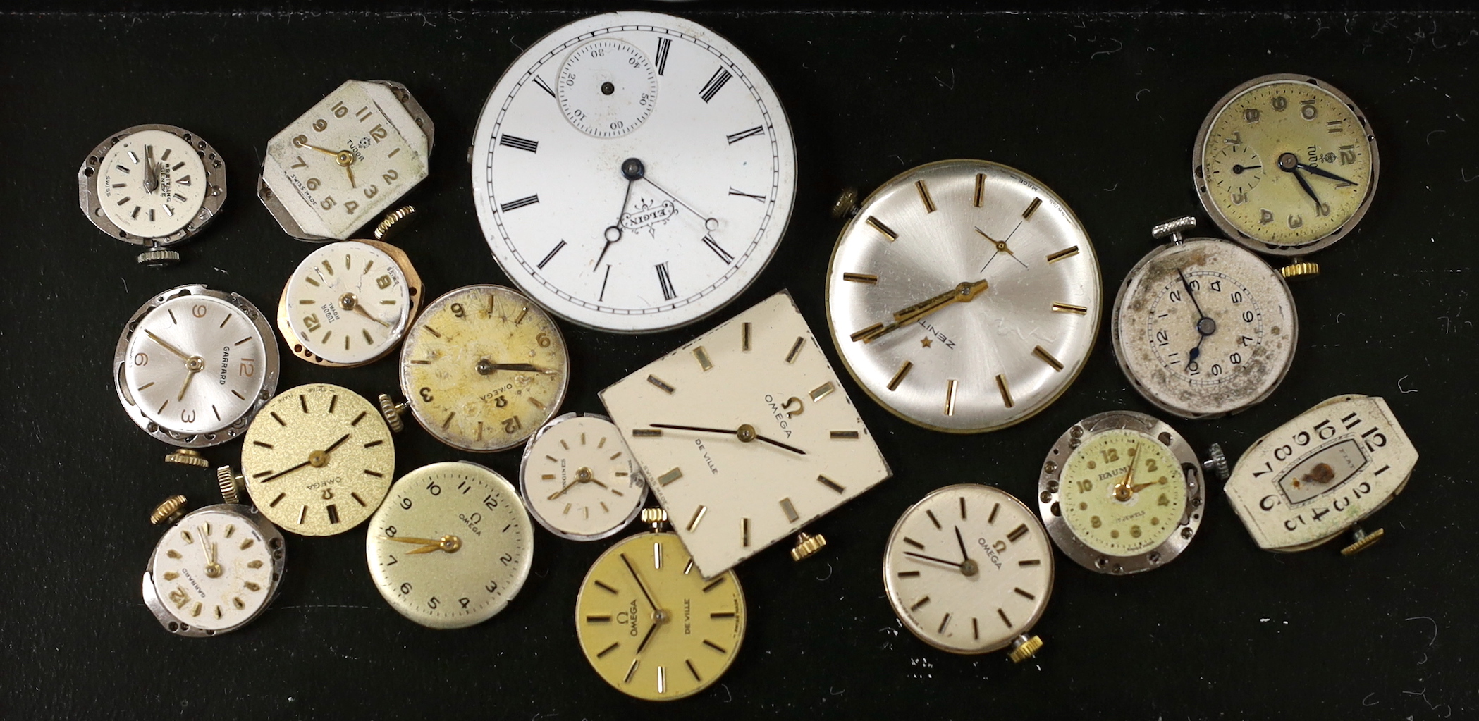 A small group of assorted lady's and gentleman's wrist watch movements including Tudor, Longines and Omega.